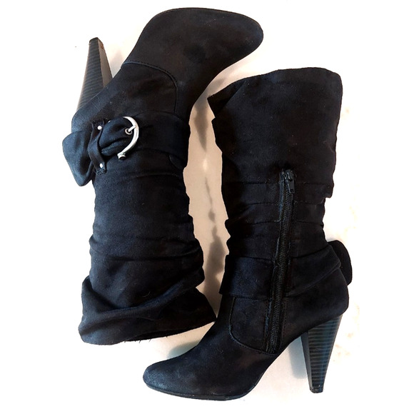 Apt. 9 Women's Black Faux Suede Mid-Calf Cone Heel Boots, Buckle Accents Size 7M - Picture 4 of 10